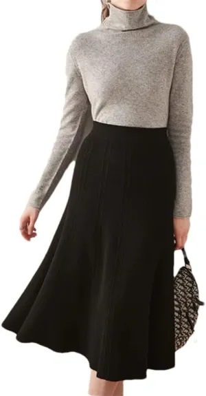 Women's Wool Knit Skirt Stretch High Waist Solid Color A-Line Office Pleated Midi Skirts