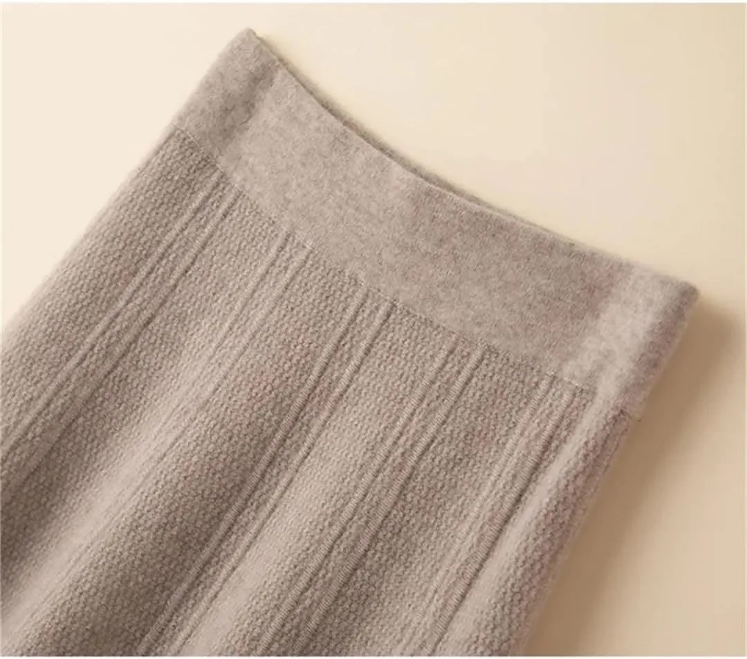 Women's Wool Knit Skirt Stretch High Waist Solid Color A-Line Office Pleated Midi Skirts