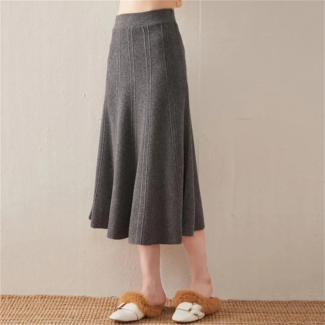 Women's Wool Knit Skirt Stretch High Waist Solid Color A-Line Office Pleated Midi Skirts