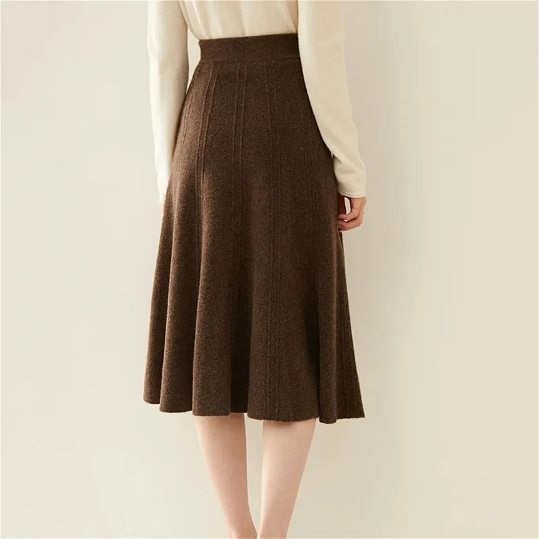 Women's Wool Knit Skirt Stretch High Waist Solid Color A-Line Office Pleated Midi Skirts