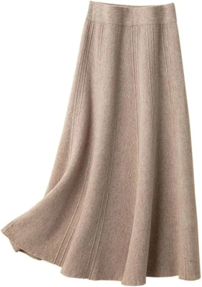 Women's Wool Knit Skirt Stretch High Waist Solid Color A-Line Office Pleated Midi Skirts