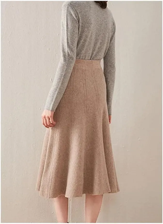 Women's Wool Knit Skirt Stretch High Waist Solid Color A-Line Office Pleated Midi Skirts