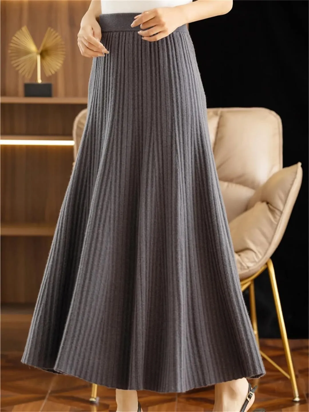 Women's Wool Knitted Skirt Pleated Skirt Office Solid Color Stretch High Waist Midi Skirts