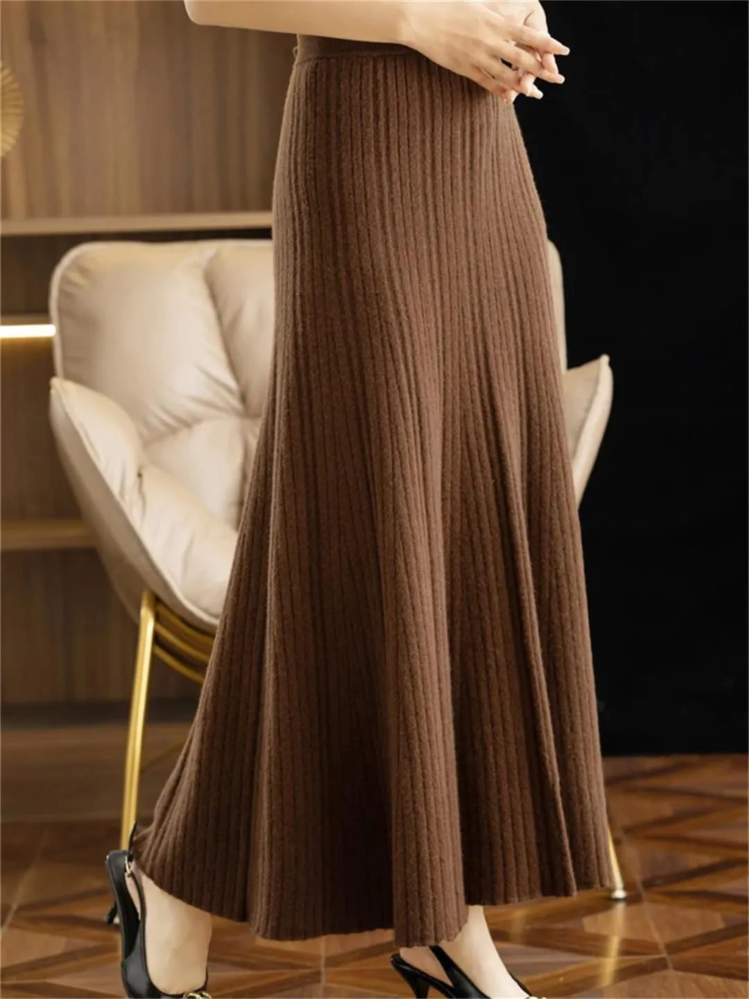 Women's Wool Knitted Skirt Pleated Skirt Office Solid Color Stretch High Waist Midi Skirts