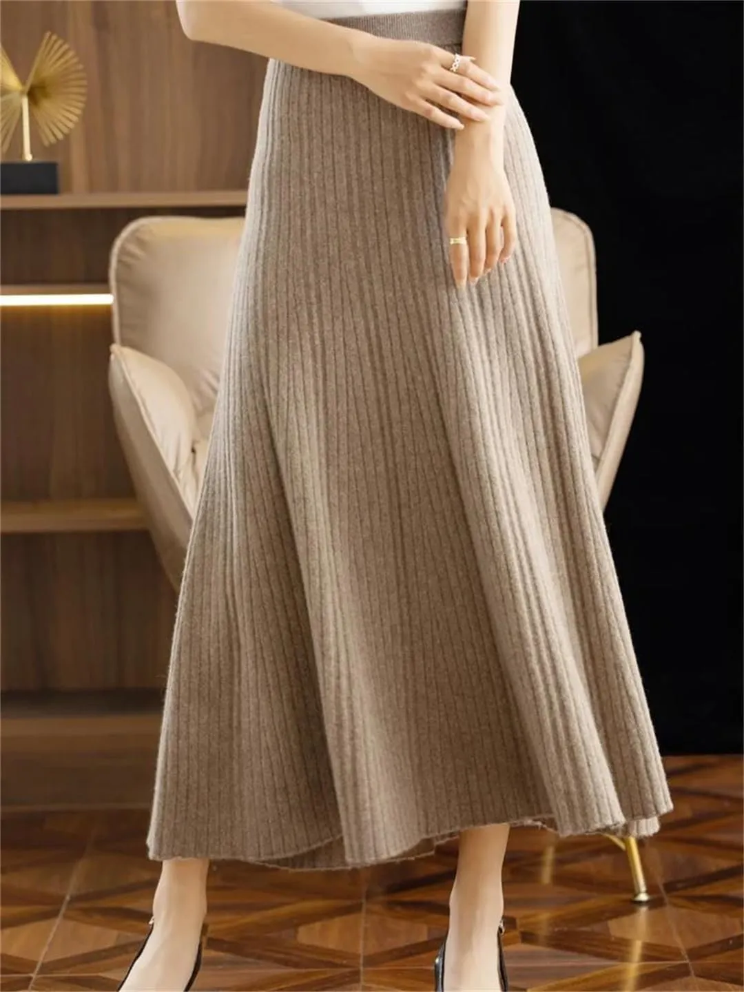 Women's Wool Knitted Skirt Pleated Skirt Office Solid Color Stretch High Waist Midi Skirts