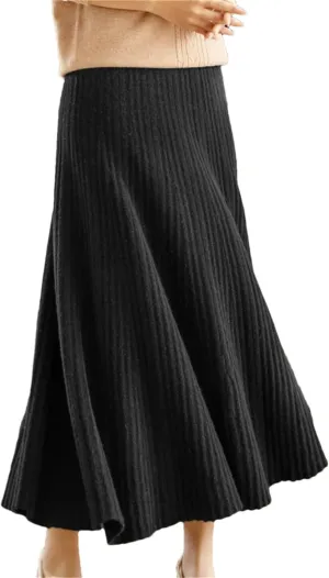 Women's Wool Knitted Skirt Pleated Skirt Office Solid Color Stretch High Waist Midi Skirts