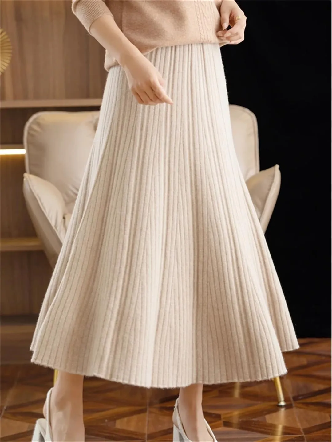 Women's Wool Knitted Skirt Pleated Skirt Office Solid Color Stretch High Waist Midi Skirts