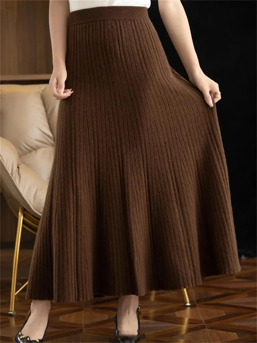 Women's Wool Knitted Skirt Pleated Skirt Office Solid Color Stretch High Waist Midi Skirts