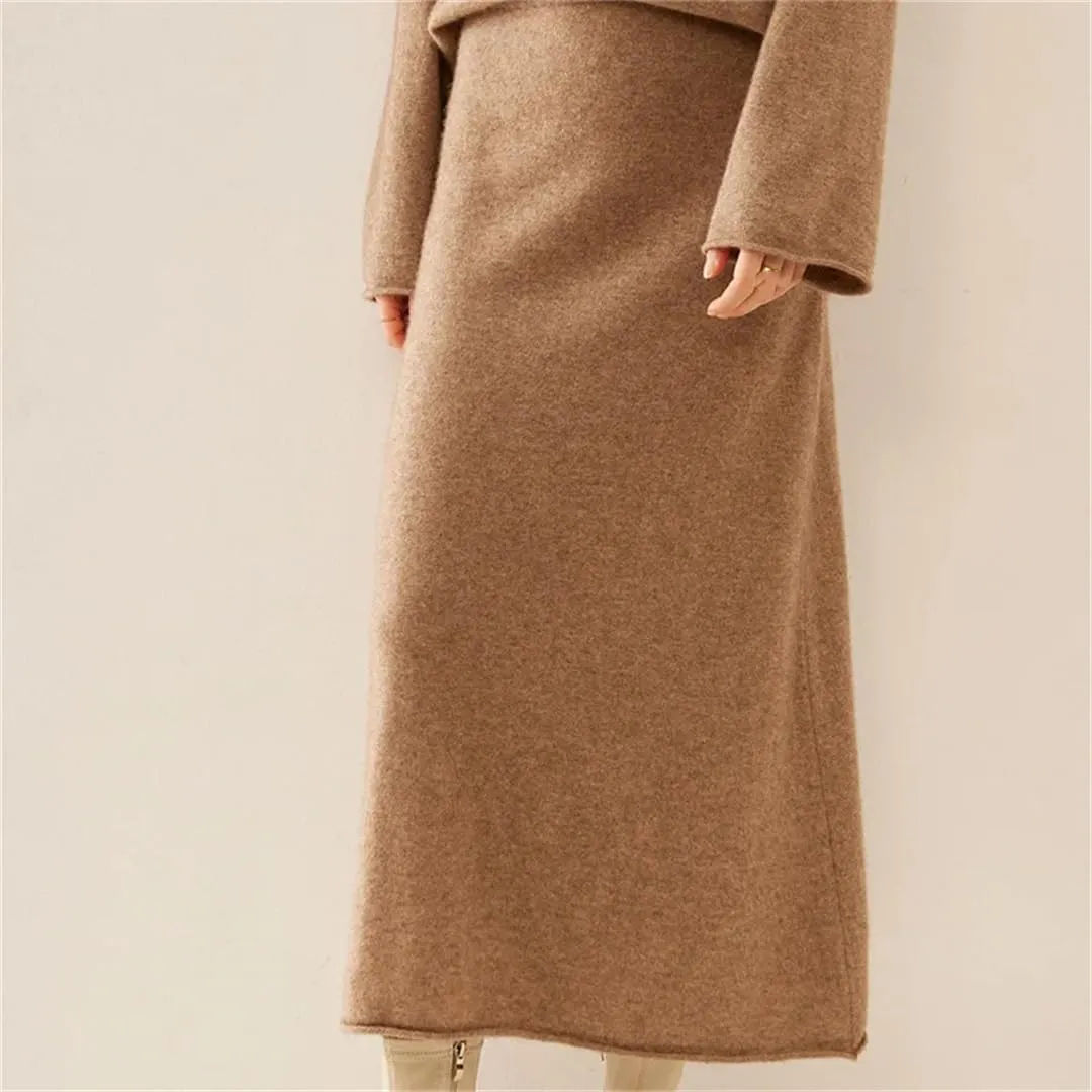 Women's Wool Knitted Skirt Stretch High Waist Pleated Retro Solid Color Casual Midi Skirts