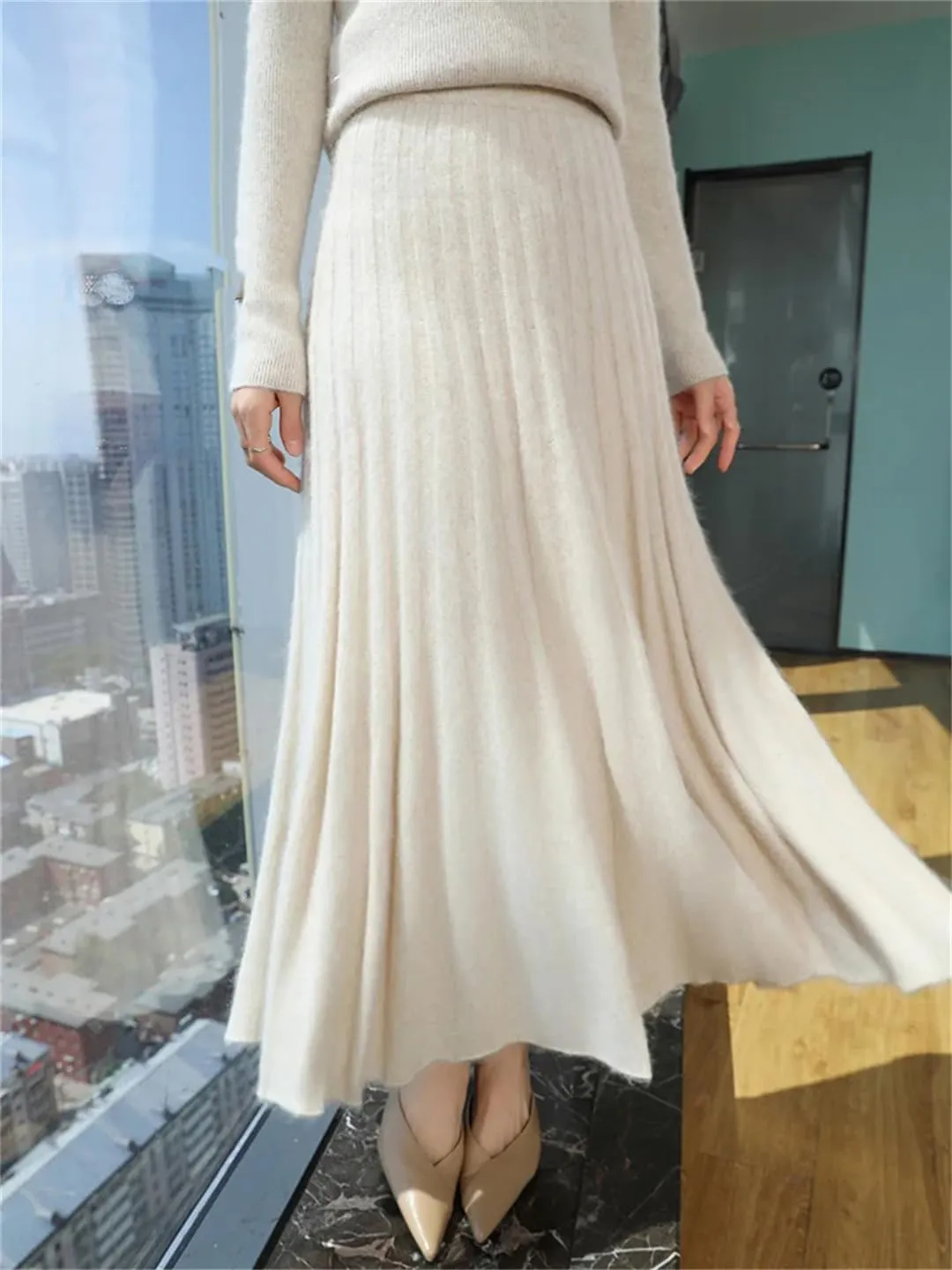 Women's Wool Pleated Skirt Office Stretch High Waist Solid Color Casual A Line Midi Skirts
