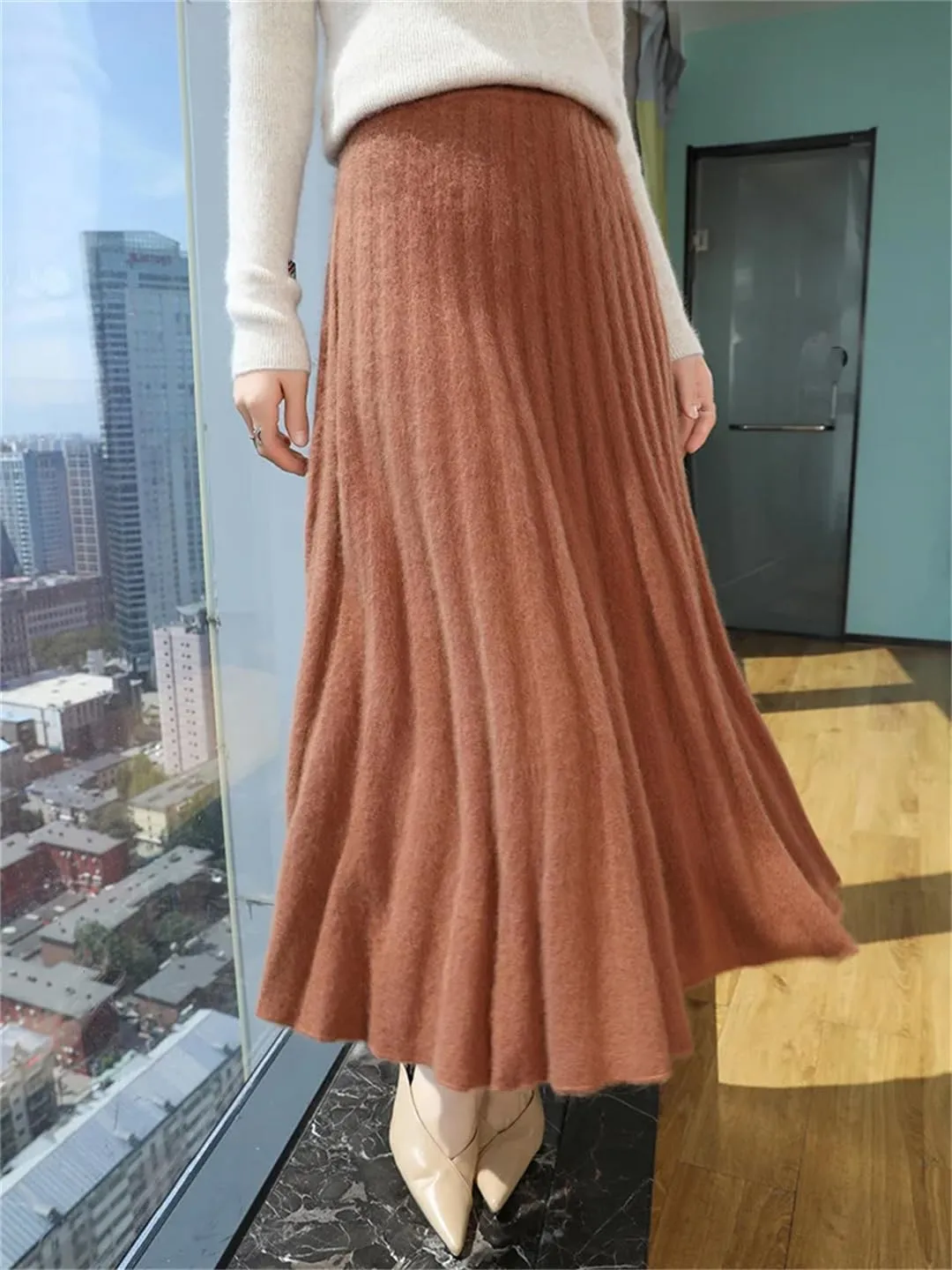 Women's Wool Pleated Skirt Office Stretch High Waist Solid Color Casual A Line Midi Skirts