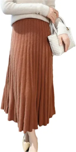 Women's Wool Pleated Skirt Office Stretch High Waist Solid Color Casual A Line Midi Skirts