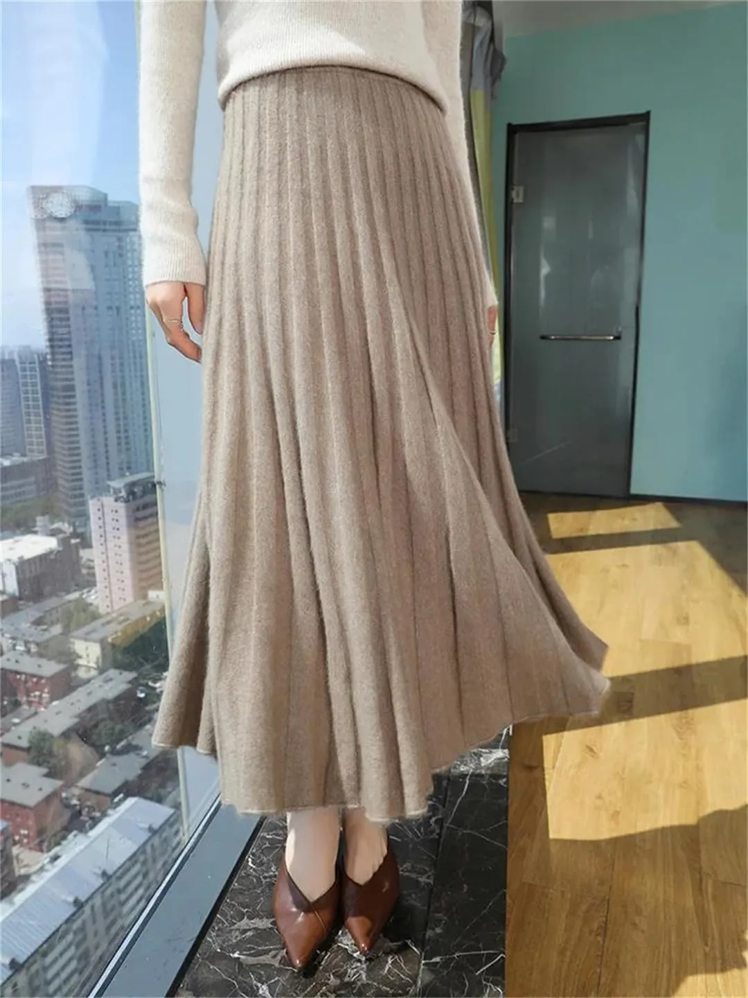 Women's Wool Pleated Skirt Office Stretch High Waist Solid Color Casual A Line Midi Skirts