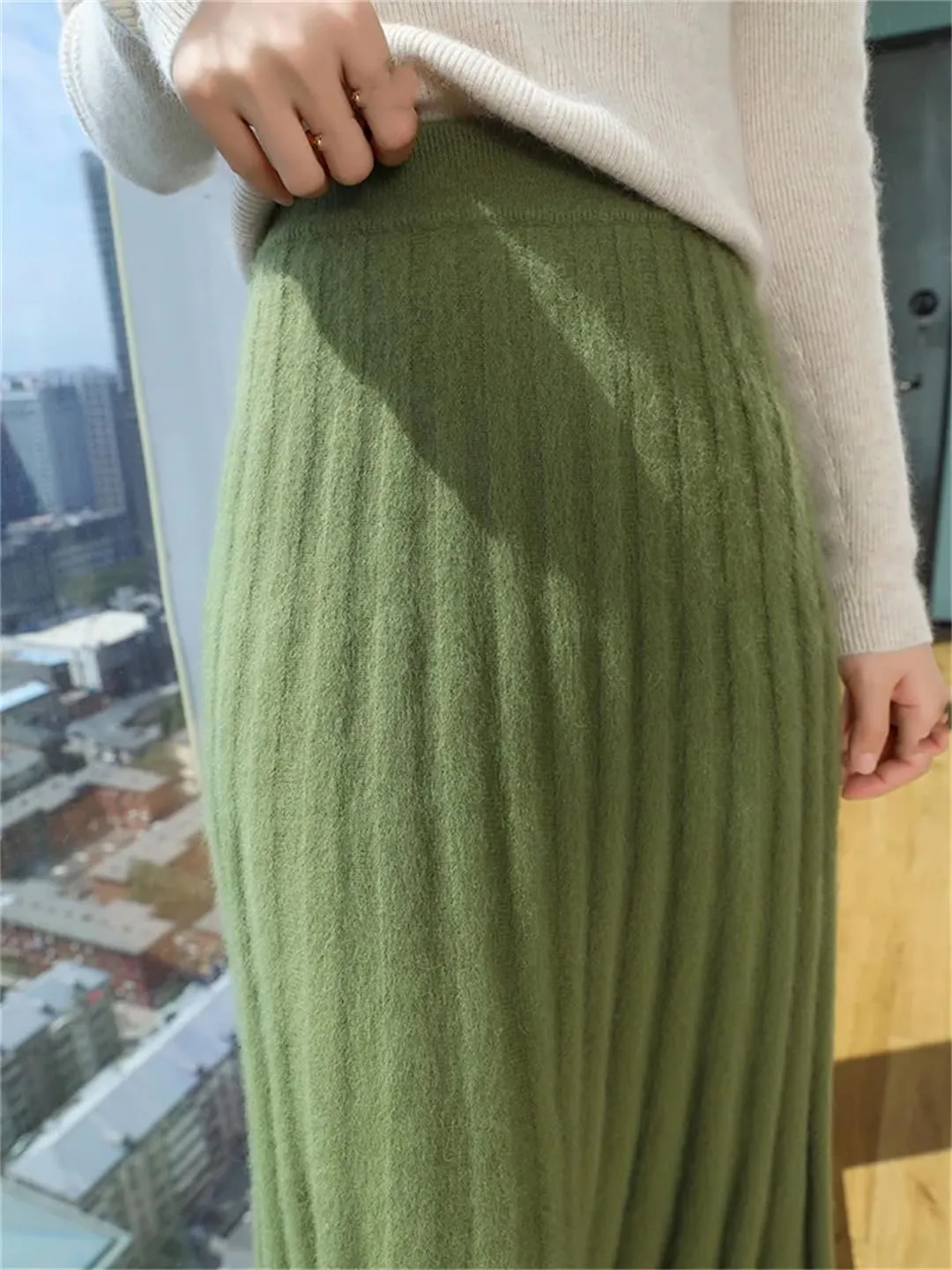 Women's Wool Pleated Skirt Office Stretch High Waist Solid Color Casual A Line Midi Skirts