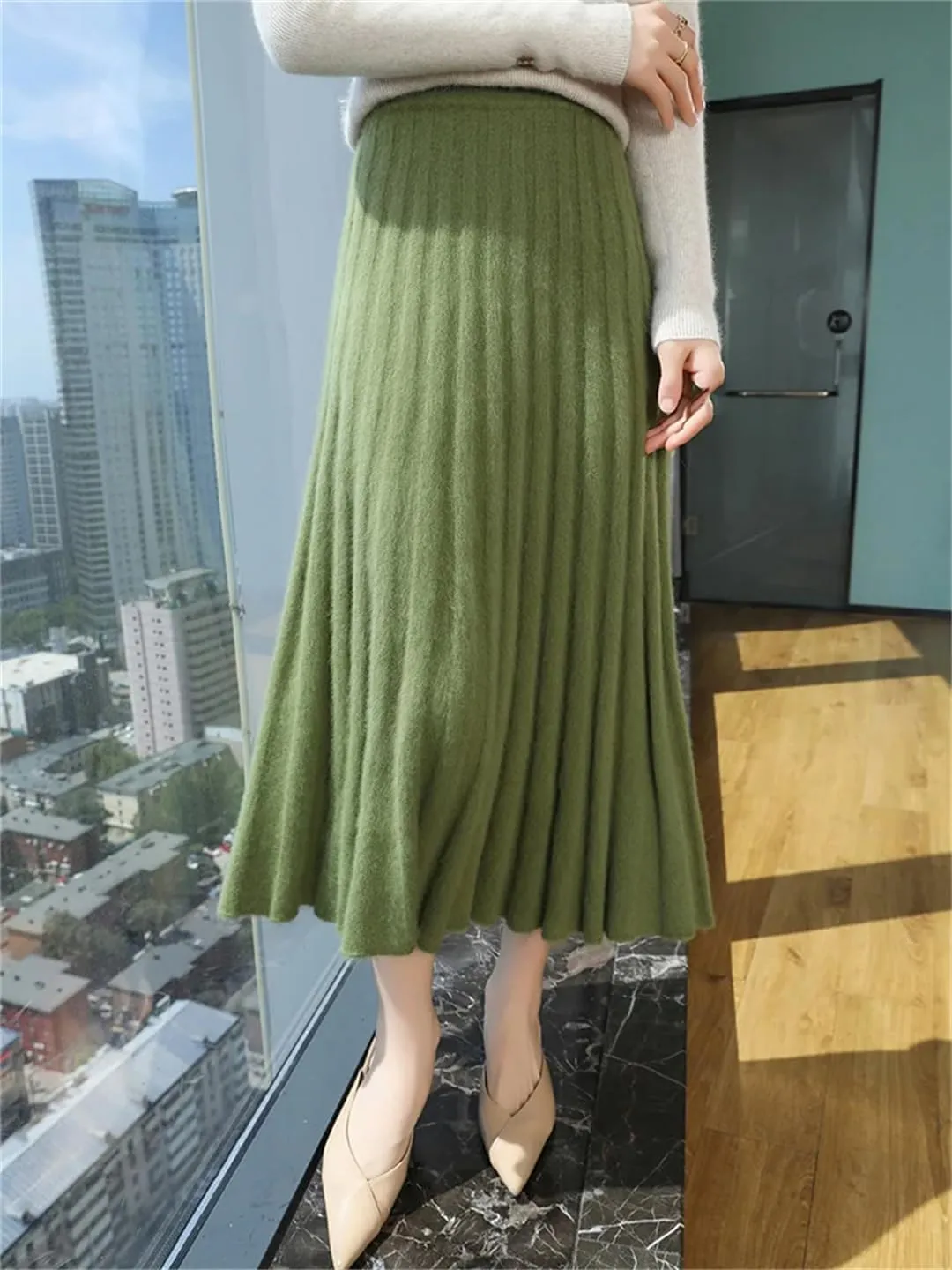 Women's Wool Pleated Skirt Office Stretch High Waist Solid Color Casual A Line Midi Skirts
