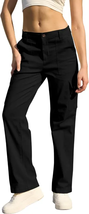 WULFUL Cargo Pants for Women High Waisted Casual Pants Straight Stretchy Wide Leg Y2K Streetwear with 6 Pockets