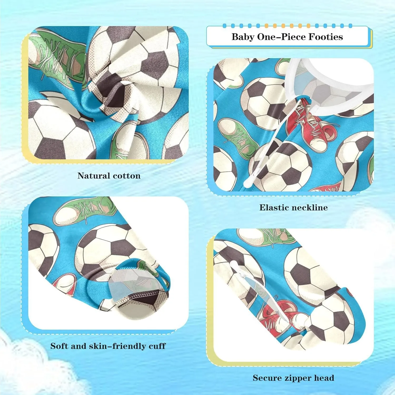 Wusikd Soccer One-Piece Footies Balls Shoes Bodysuit Rompers Zipper for Boys Girls 3M