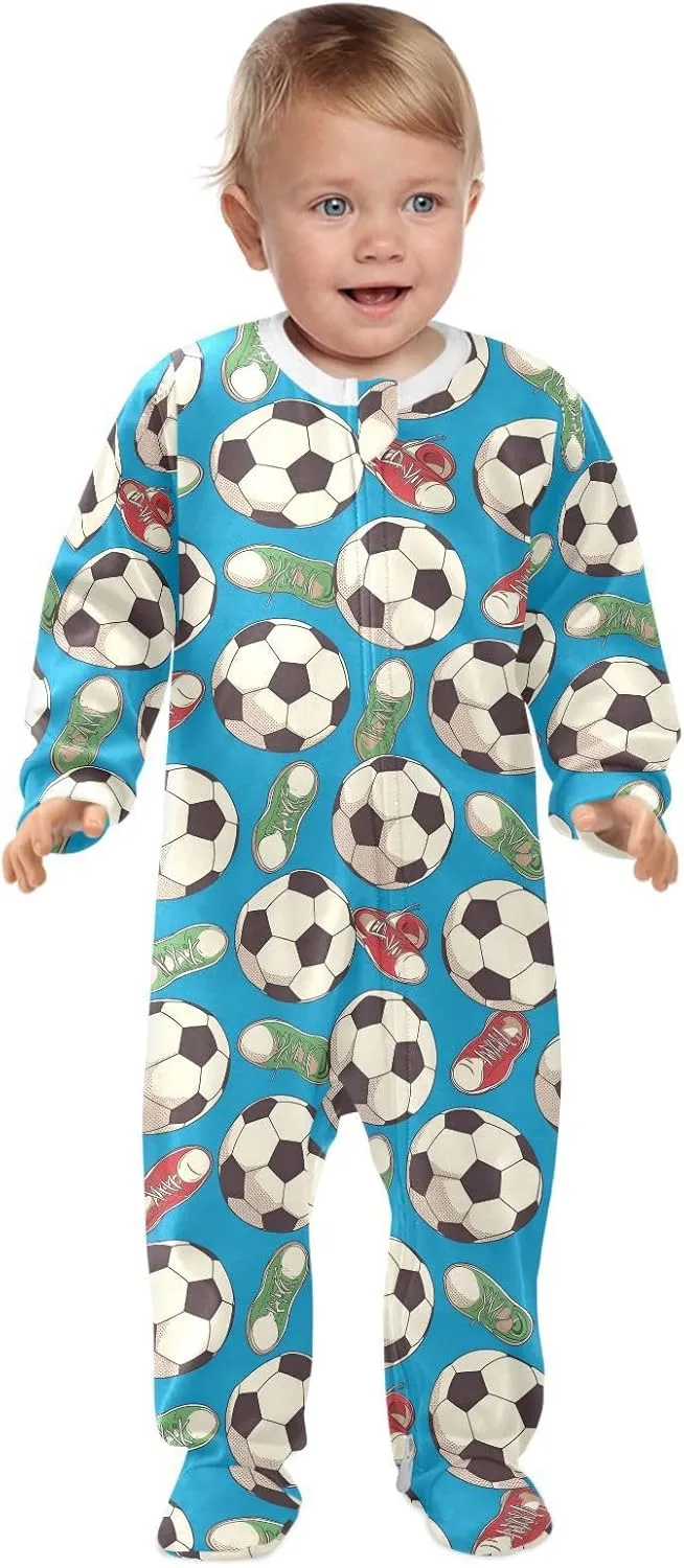 Wusikd Soccer One-Piece Footies Balls Shoes Bodysuit Rompers Zipper for Boys Girls 3M
