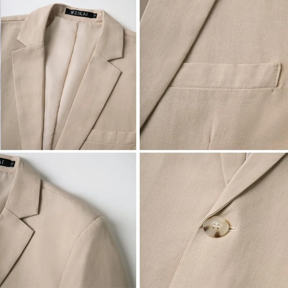 WZIKAI Men's Casual Linen Blazer Slim Fit Two Button Lightweight Suit Jacket