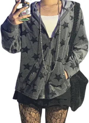 Y2K Aesthetic Zipper Hoodie Sweatshirt Long Sleeve Harajuku Punk Grunge Outfit Retro Vintage Oversized Outwear