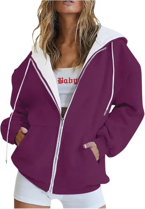 Yesunpxs Womens Zip Up Hoodies Trendy Oversized Casual Long Sleeve Drawstring Hooded Sweatshirts Y2k Drawstring Jacket Coats