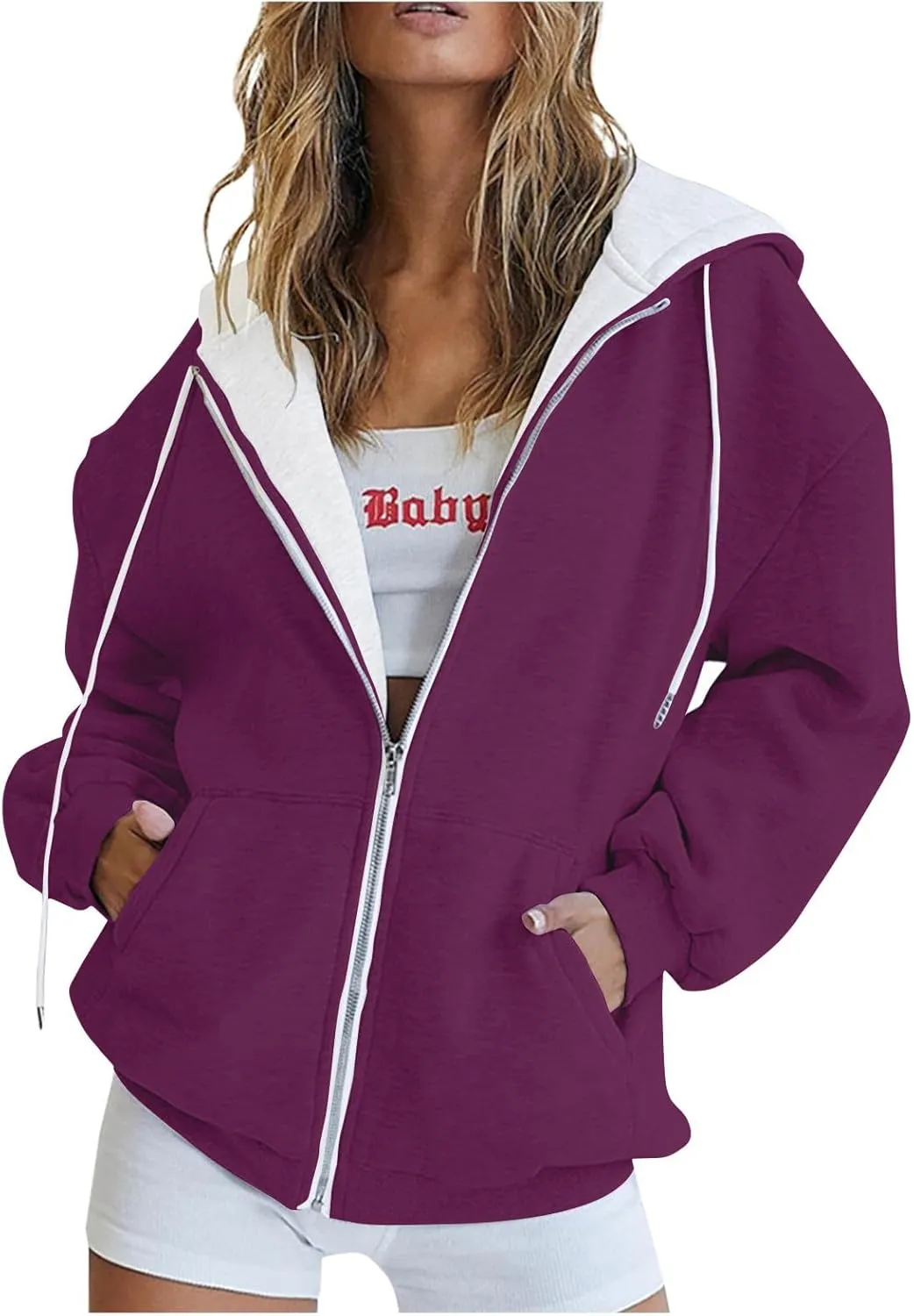 Yesunpxs Womens Zip Up Hoodies Trendy Oversized Casual Long Sleeve Drawstring Hooded Sweatshirts Y2k Drawstring Jacket Coats