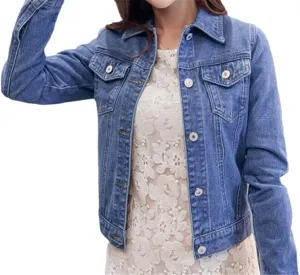 Yeuyyben Women's Denim Jacket Spring And Autumn Casual Short Denim Jacket Women's Solid Color Jacket