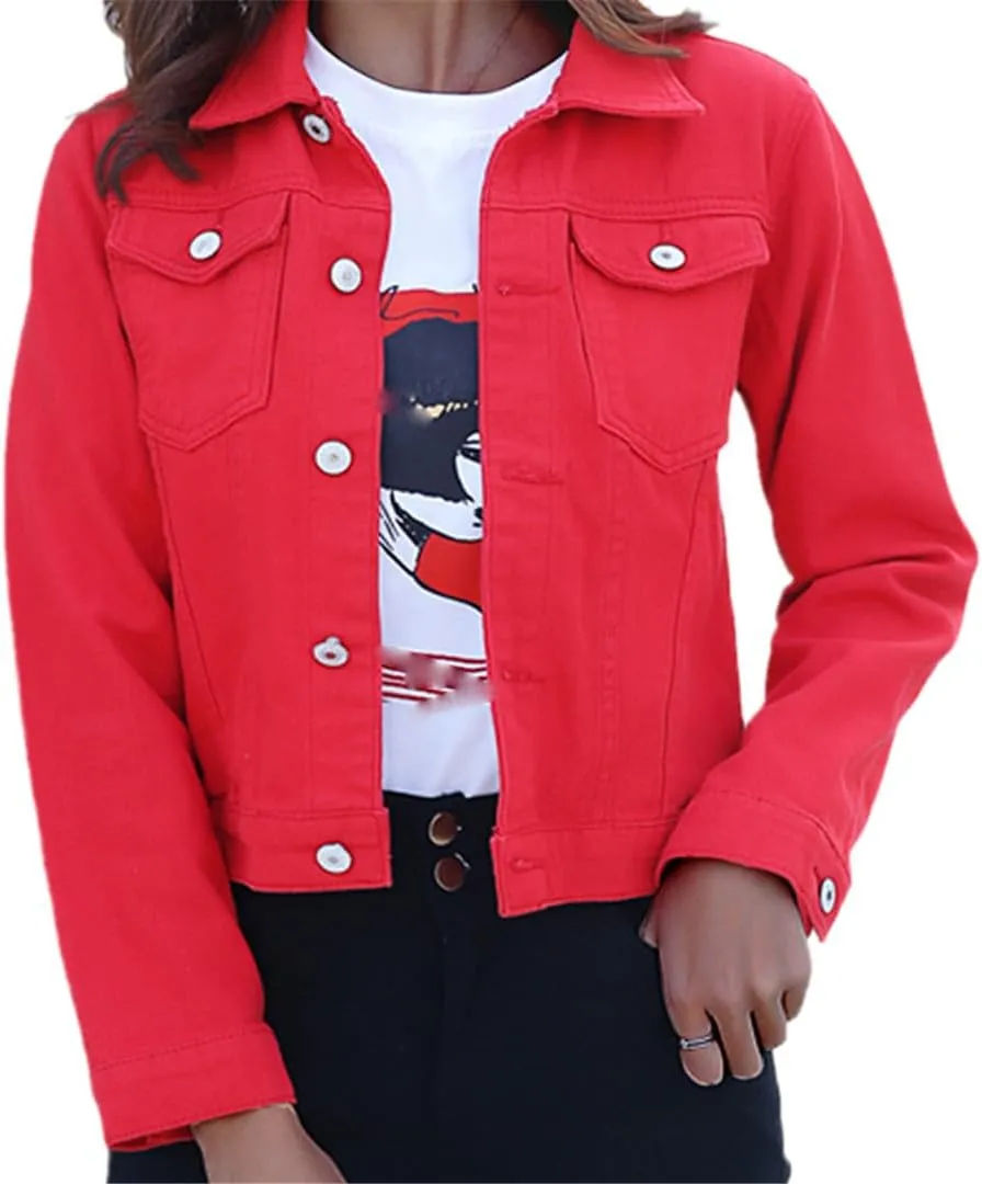 Yeuyyben Women's Denim Jacket Spring And Autumn Casual Short Denim Jacket Women's Solid Color Jacket