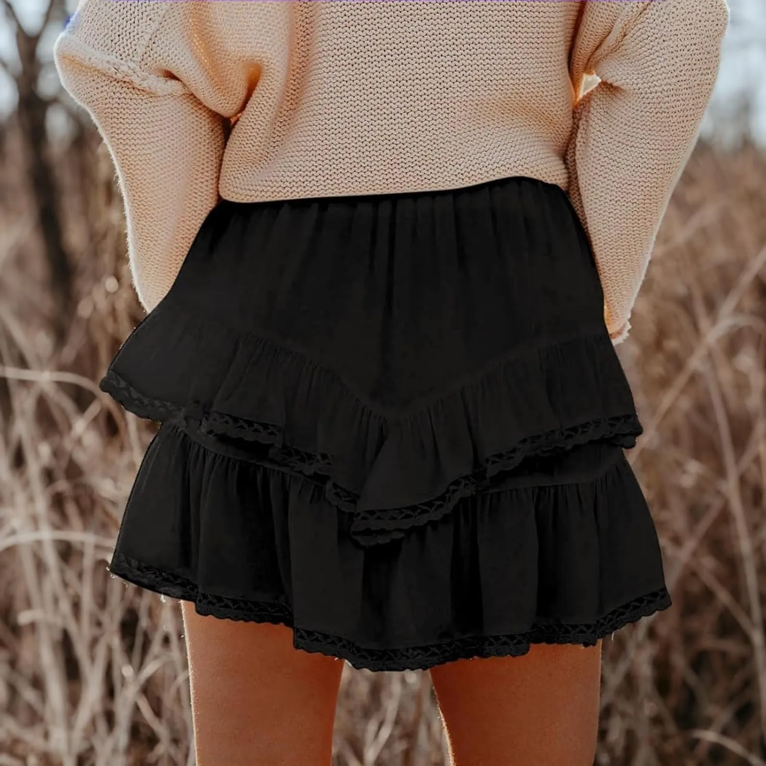 YFJRBR Womens Flowy Shorts High Waist Pleated Skirts Casual Boho Ruffle Tiered Skorts Cute Versatile Fashion