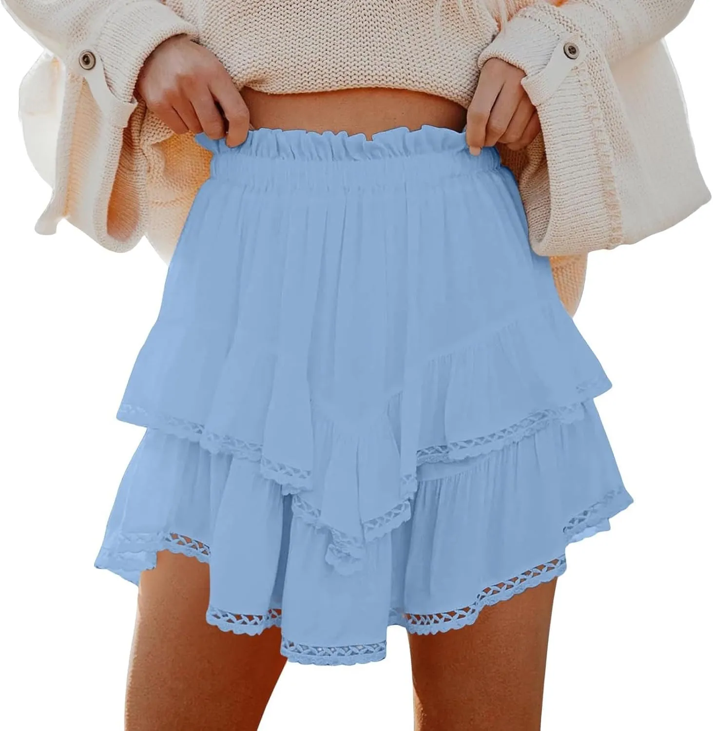YFJRBR Womens Flowy Shorts High Waist Pleated Skirts Casual Boho Ruffle Tiered Skorts Cute Versatile Fashion
