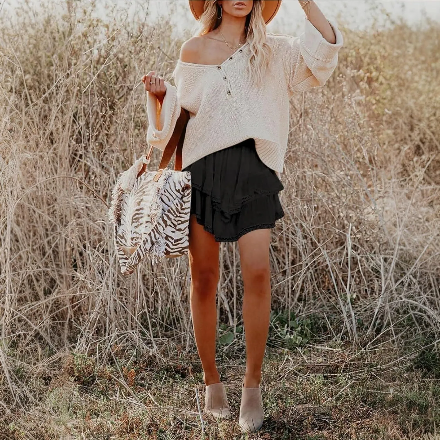 YFJRBR Womens Flowy Shorts High Waist Pleated Skirts Casual Boho Ruffle Tiered Skorts Cute Versatile Fashion