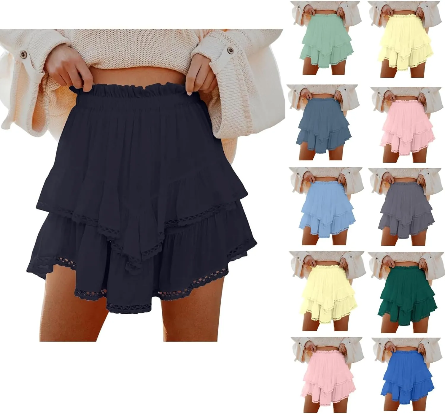 YFJRBR Womens Flowy Shorts High Waist Pleated Skirts Casual Boho Ruffle Tiered Skorts Cute Versatile Fashion