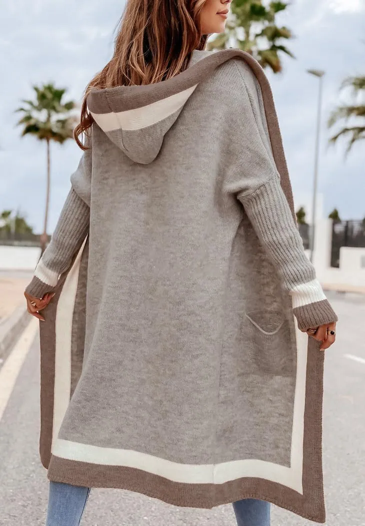 yoeasy Women's Color Block Striped Hooded Knit Long Cardigan Sweaters Oversized Open Front Long Sleeve Outwear Coat