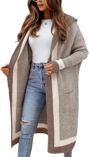 yoeasy Women's Color Block Striped Hooded Knit Long Cardigan Sweaters Oversized Open Front Long Sleeve Outwear Coat