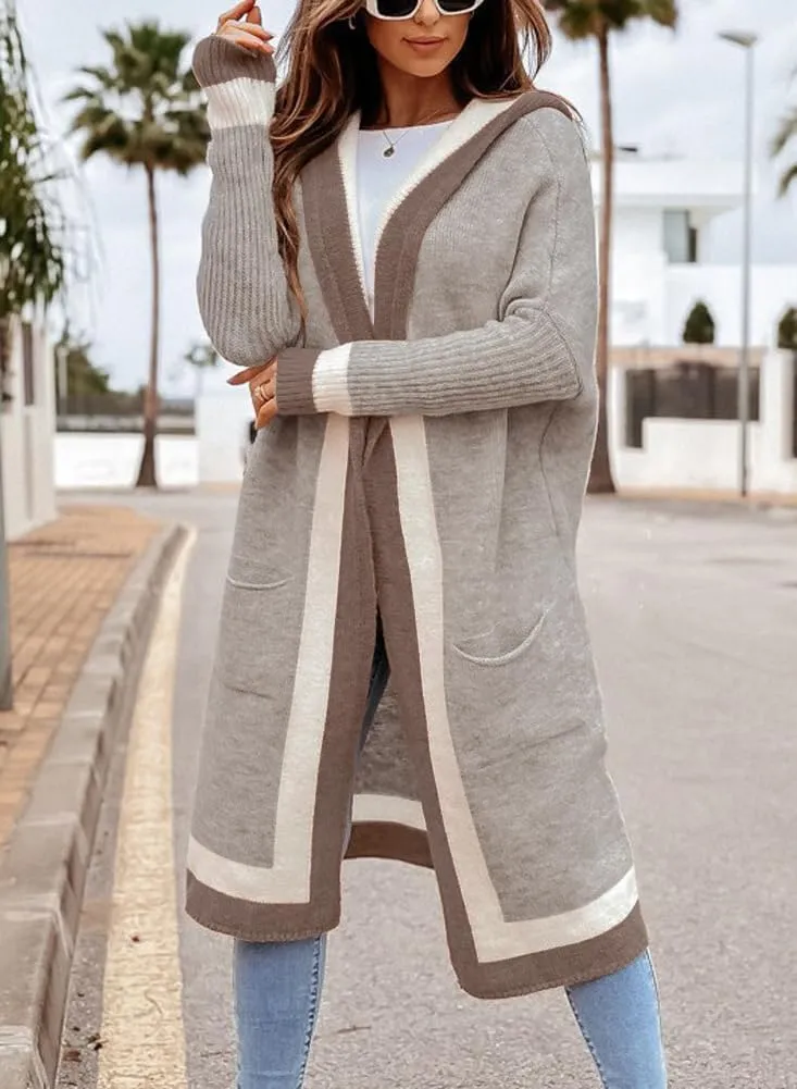 yoeasy Women's Color Block Striped Hooded Knit Long Cardigan Sweaters Oversized Open Front Long Sleeve Outwear Coat