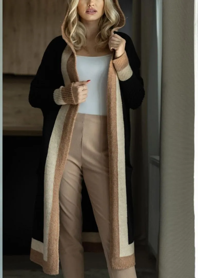 yoeasy Women's Color Block Striped Hooded Knit Long Cardigan Sweaters Oversized Open Front Long Sleeve Outwear Coat