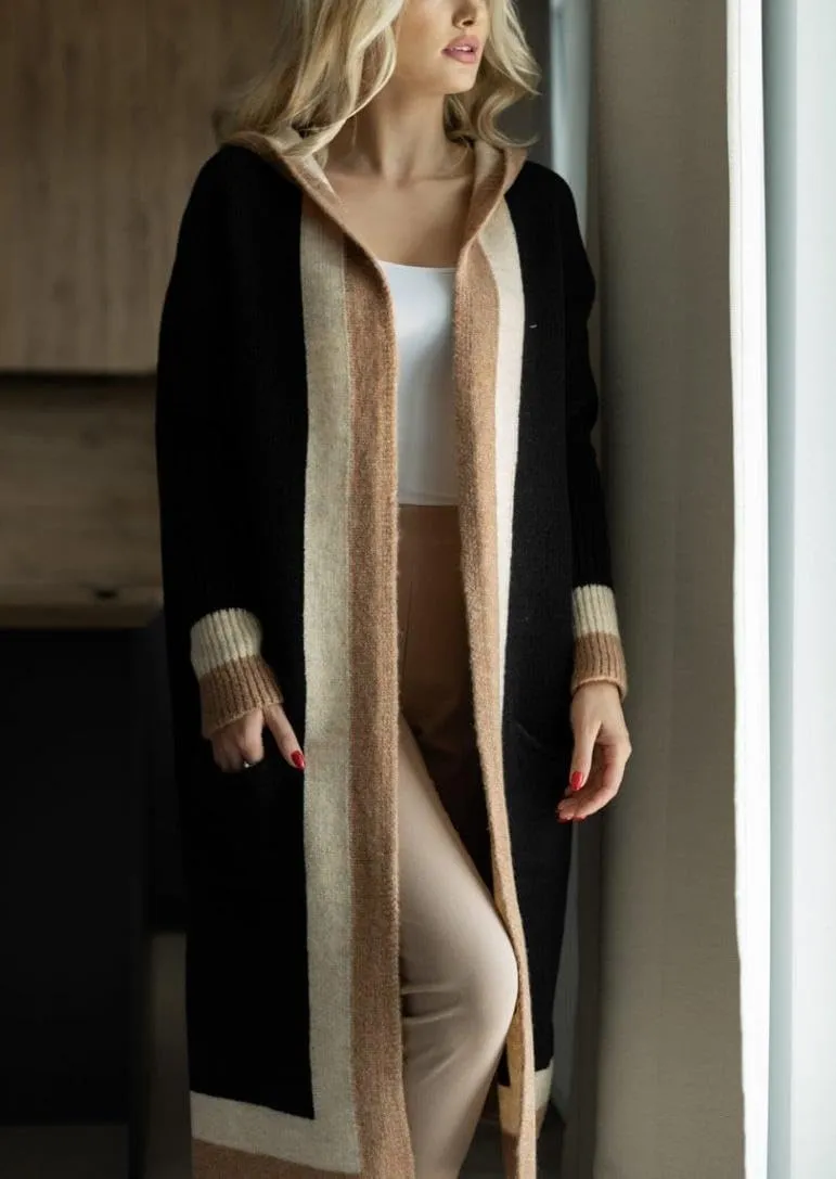 yoeasy Women's Color Block Striped Hooded Knit Long Cardigan Sweaters Oversized Open Front Long Sleeve Outwear Coat