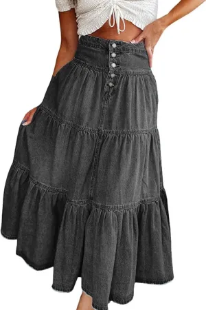 yoeasy Women's High Waist Denim Maxi Skirt Button Boho Flowy Pleated Tiered Ruffle Swing A-Line Jean Long Skirt