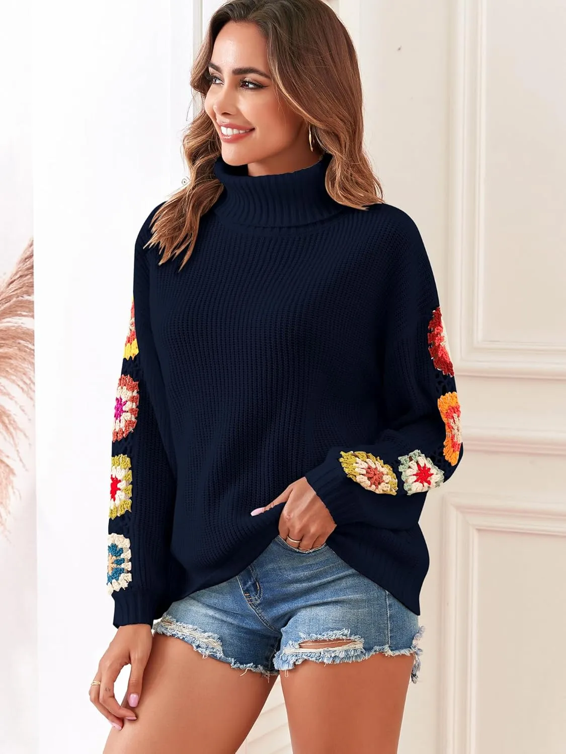 ZAFUL Flower Crochet Turtleneck Sweater for Women Pullover Puff Long Sleeve Boho Knit Sweaters Trendy Knitwear Tops