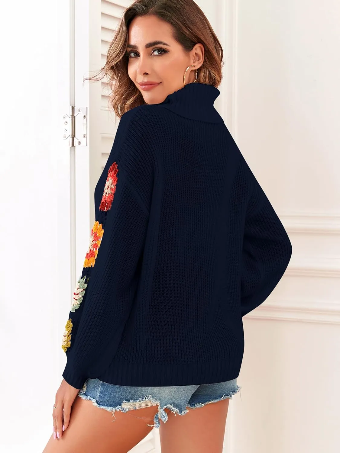 ZAFUL Flower Crochet Turtleneck Sweater for Women Pullover Puff Long Sleeve Boho Knit Sweaters Trendy Knitwear Tops