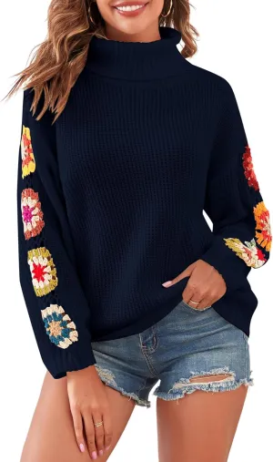 ZAFUL Flower Crochet Turtleneck Sweater for Women Pullover Puff Long Sleeve Boho Knit Sweaters Trendy Knitwear Tops