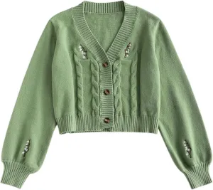 ZAFUL Women's Button Up Embroidered Cable Knit Cardigan V Neck Long Sleeve Cropped Sweater