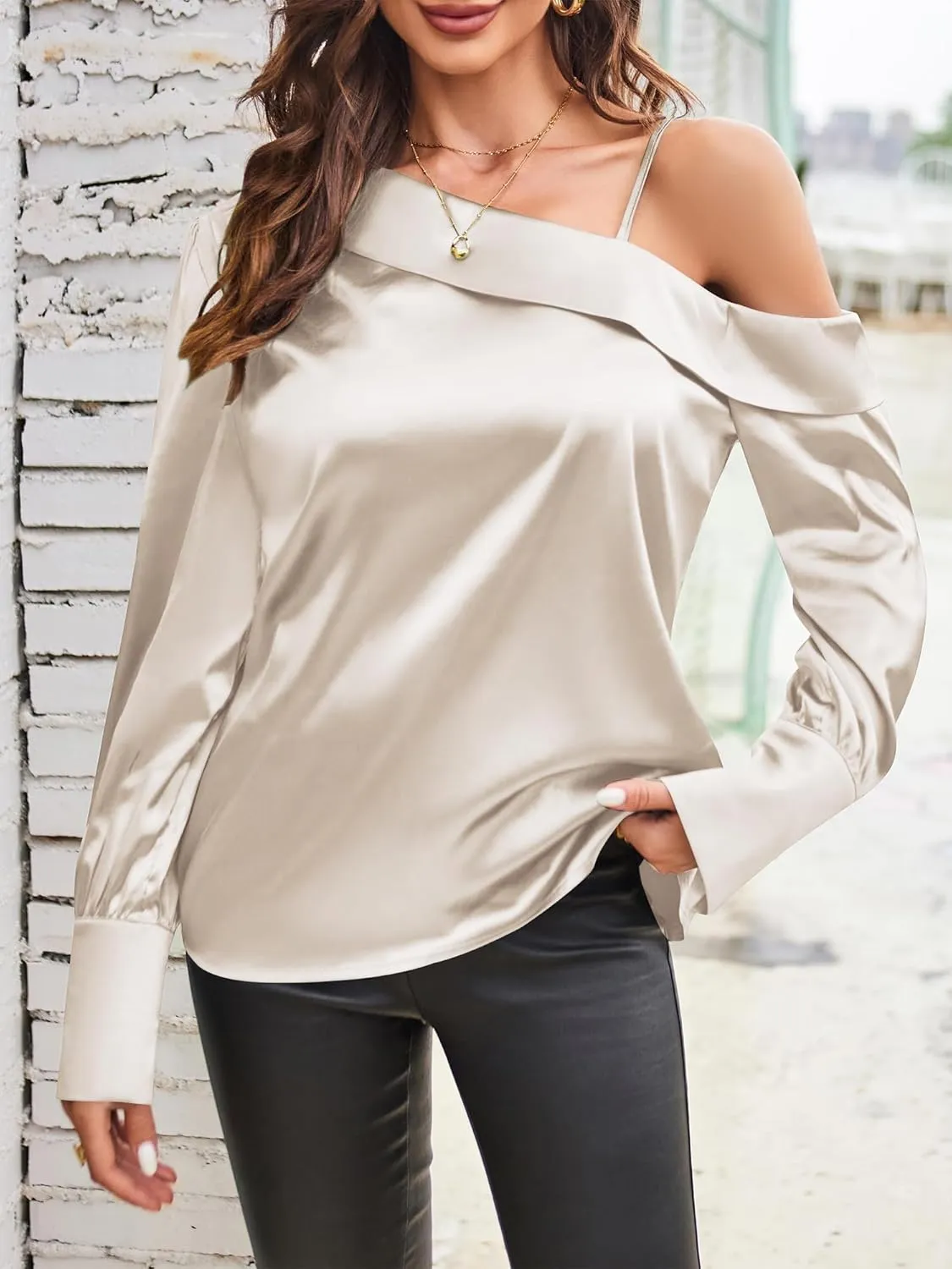 ZAFUL Women's Satin-Silk-Tops Sexy Off The Shoulder Dressy Blouse for Party Casual Long-Sleeve Elegant Shirt
