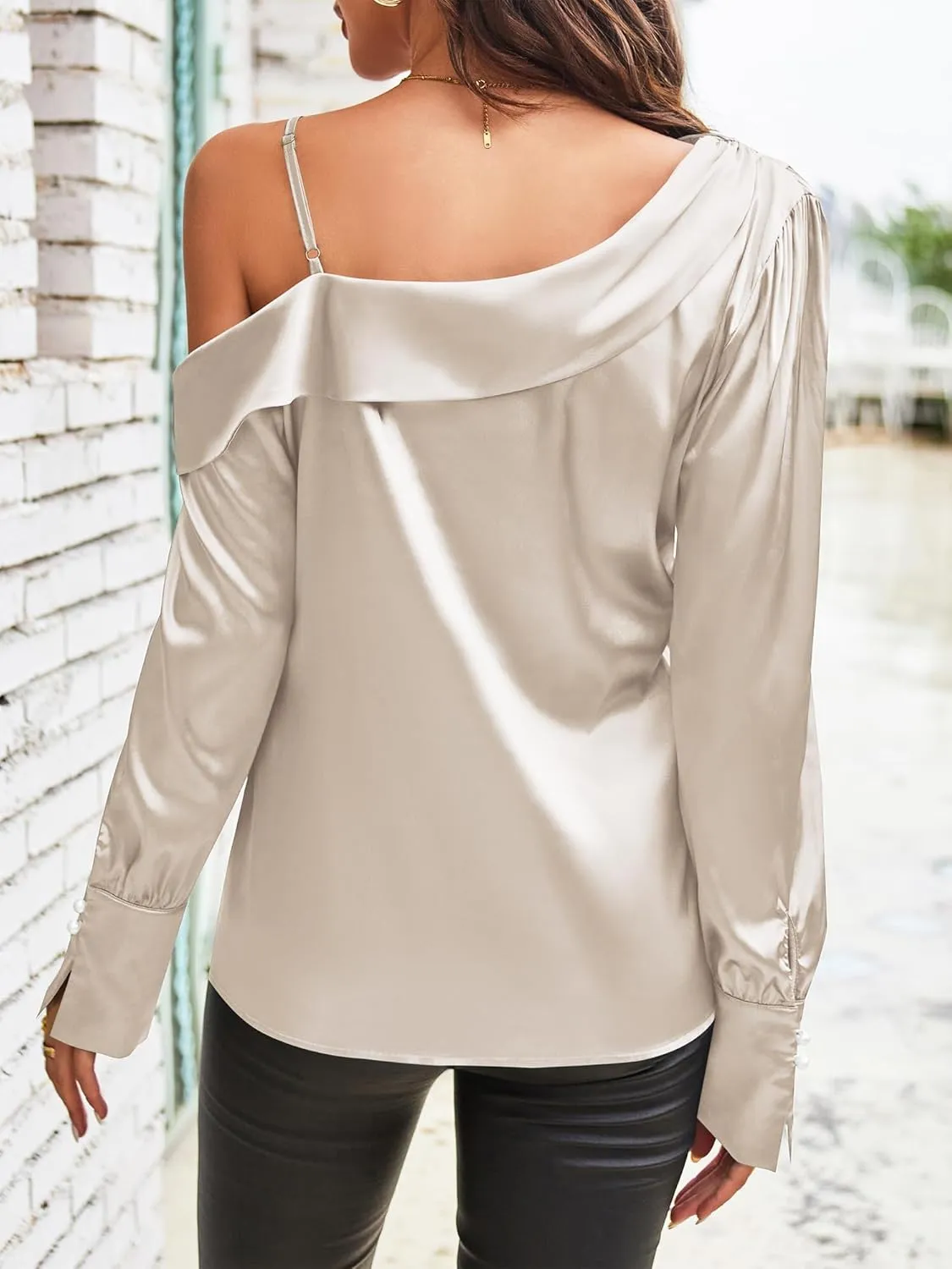 ZAFUL Women's Satin-Silk-Tops Sexy Off The Shoulder Dressy Blouse for Party Casual Long-Sleeve Elegant Shirt