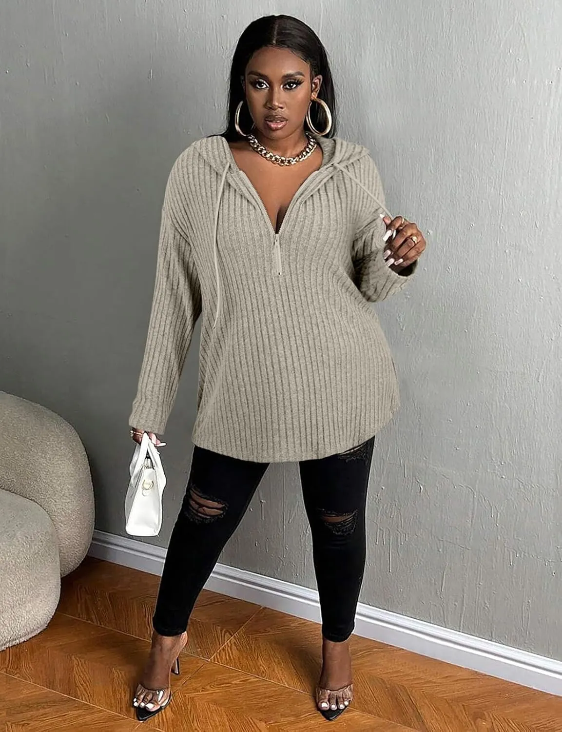 Zamowoty Women's Plus Size Hoodies Long Sleeve Drawstring Quarter Zip Hooded Sweatshirts Knit Pullover Sweaters(1X-5X)