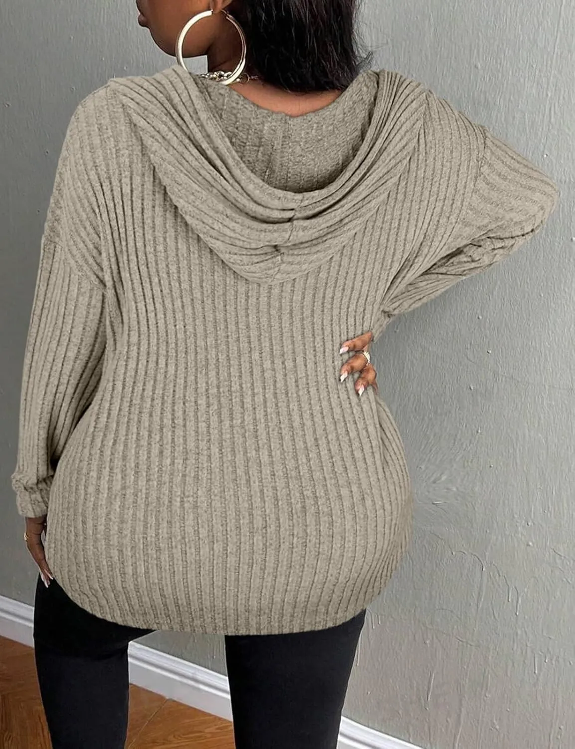 Zamowoty Women's Plus Size Hoodies Long Sleeve Drawstring Quarter Zip Hooded Sweatshirts Knit Pullover Sweaters(1X-5X)