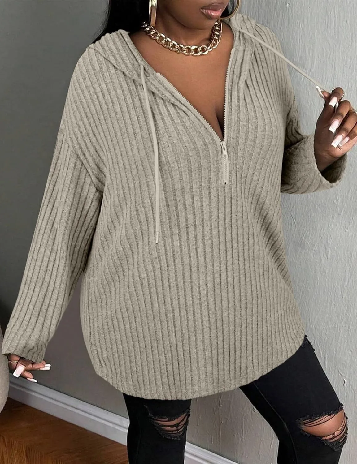 Zamowoty Women's Plus Size Hoodies Long Sleeve Drawstring Quarter Zip Hooded Sweatshirts Knit Pullover Sweaters(1X-5X)