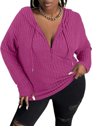 Zamowoty Women's Plus Size Hoodies Long Sleeve Drawstring Quarter Zip Hooded Sweatshirts Knit Pullover Sweaters(1X-5X)