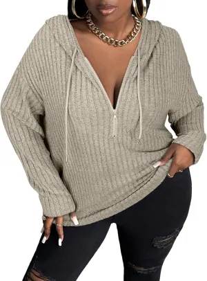Zamowoty Women's Plus Size Hoodies Long Sleeve Drawstring Quarter Zip Hooded Sweatshirts Knit Pullover Sweaters(1X-5X)