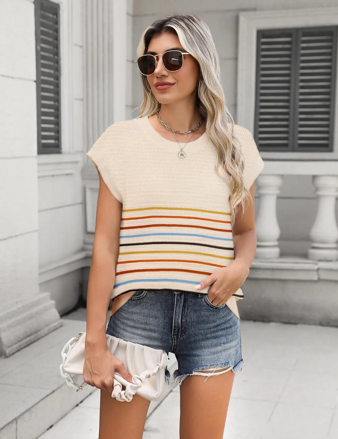 Zeagoo Women's Cap Sleeve Sweaters Vest Crew Neck Knit Sweater Tops 2025 Casual Summer Sleeveless T Shirt